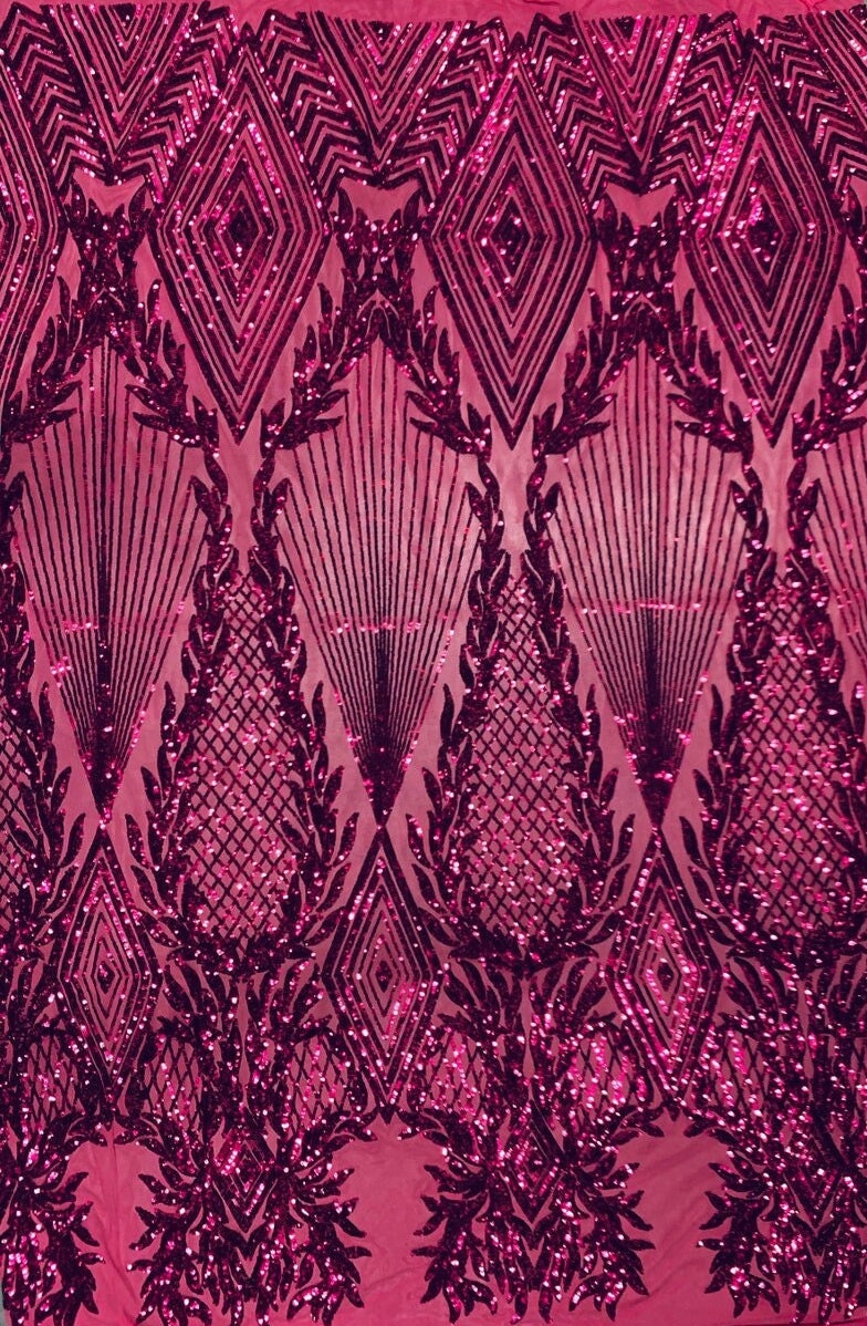 FUCHSIA -  DIAMOND -  Fashion Design with Sequins Embroider on a 4 Way Stretch Mesh Fabric-Sold by Yard. For Evening Dress Prom Quinceanera
