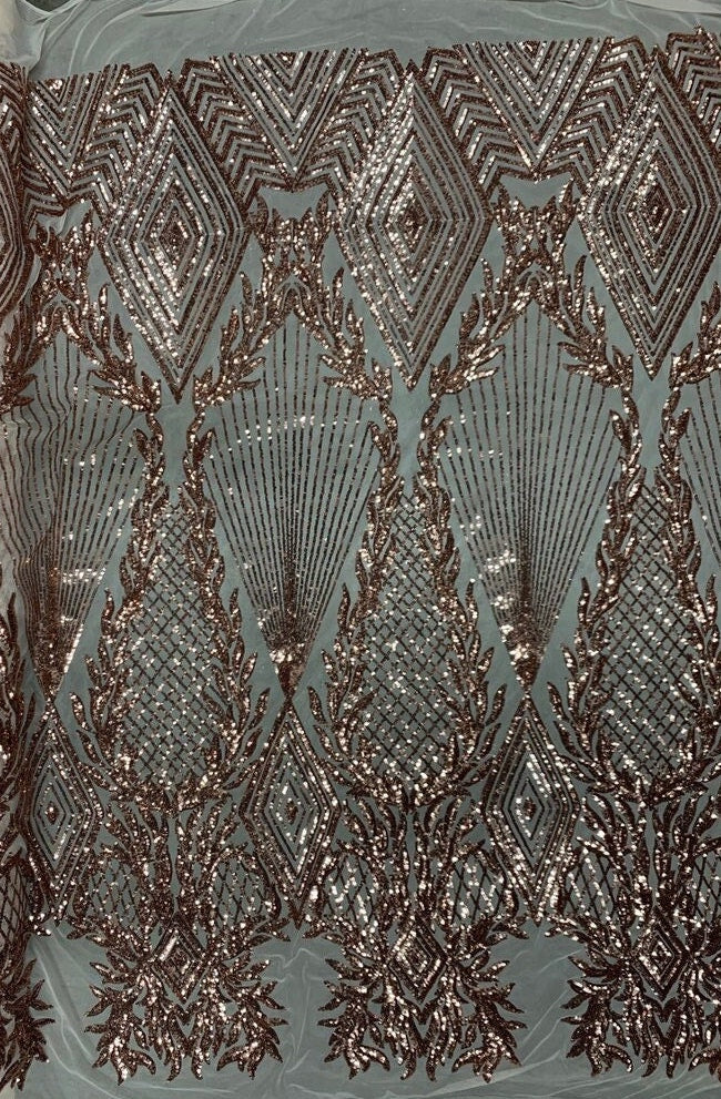 COPPER -  DIAMOND -  Fashion Design with Sequins Embroider on a 4 Way Stretch Mesh Fabric-Sold by Yard. For Evening Dress Prom Quinceanera
