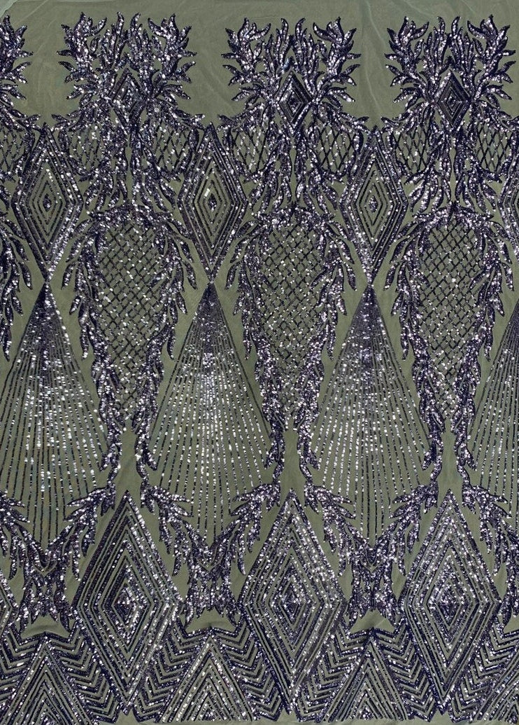 LAVENDER -  DIAMOND -  Fashion Design with Sequins Embroider on a 4 Way Stretch Mesh Fabric-Sold by Yard. For Evening Dress Prom Quinceanera