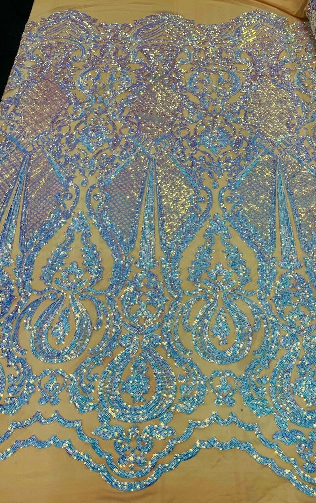 AQUA -  DAGGER - Fashion Design with Sequins Embroider on 4 Way Stretch Mesh Fabric-Sold by Yard. For Evening Dress Prom Quinceanera
