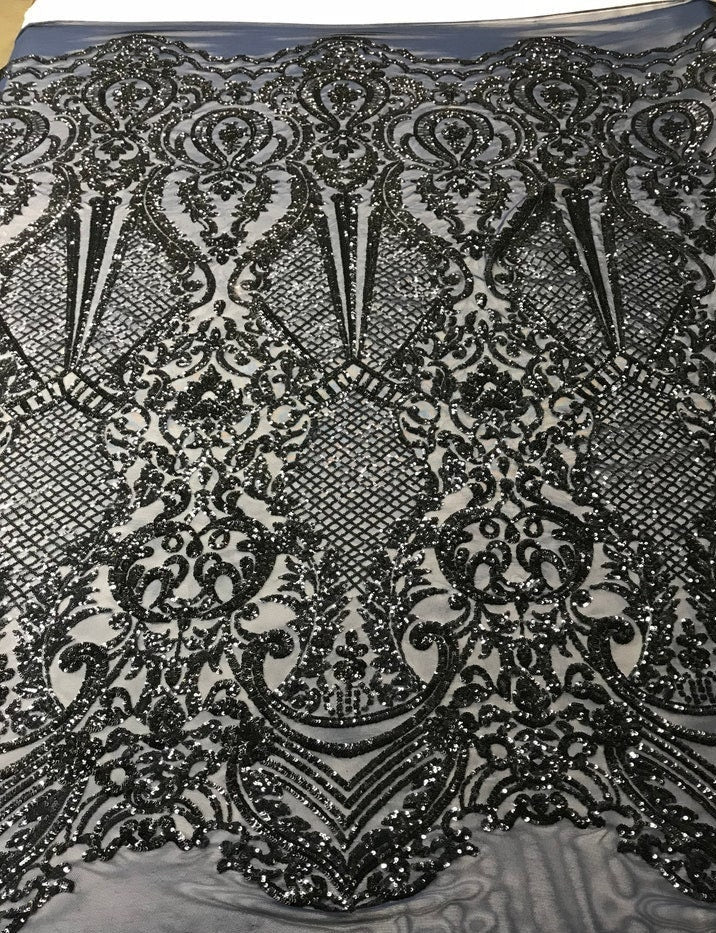 BLACK -  DAGGER - Fashion Design with Sequins Embroider on 4 Way Stretch Mesh Fabric-Sold by Yard. For Evening Dress Prom Quinceanera
