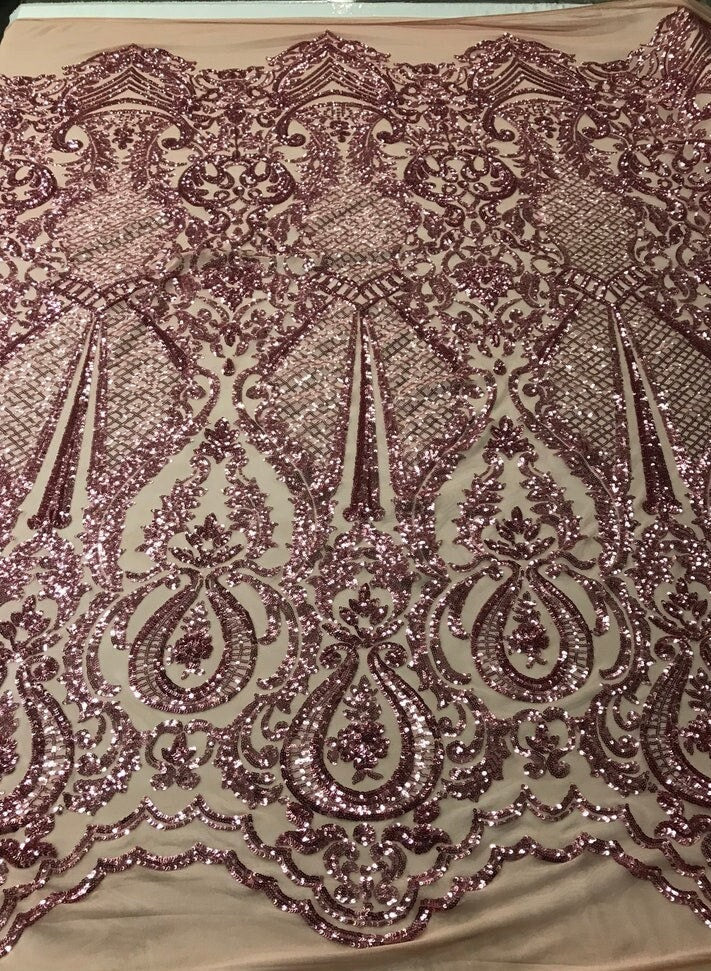 DUSTY ROSE -  DAGGER - Fashion Design with Sequins Embroider on 4 Way Stretch Mesh Fabric-Sold by Yard. For Evening Dress Prom Quinceanera