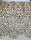 MATTE GOLD -  DAGGER - Fashion Design with Sequins Embroider on 4 Way Stretch Mesh Fabric-Sold by Yard. For Evening Dress Prom Quinceanera