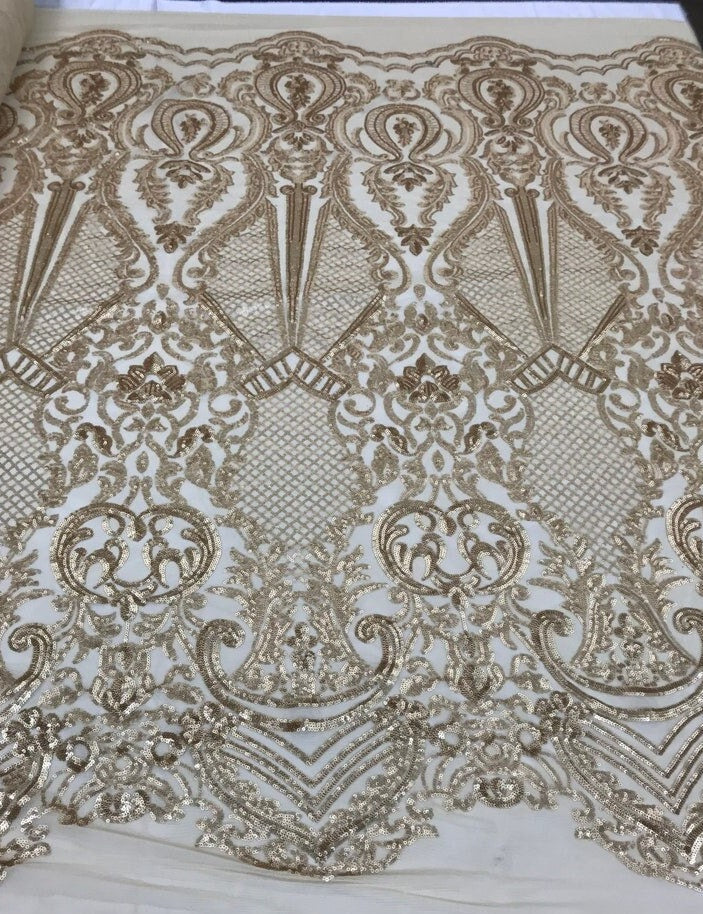 MATTE GOLD -  DAGGER - Fashion Design with Sequins Embroider on 4 Way Stretch Mesh Fabric-Sold by Yard. For Evening Dress Prom Quinceanera