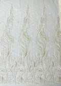 IVORY - Fire Feather Designs Embroider Sequins and Heavy Beaded On a Mesh Lace Fabric-Sold by The Yard-