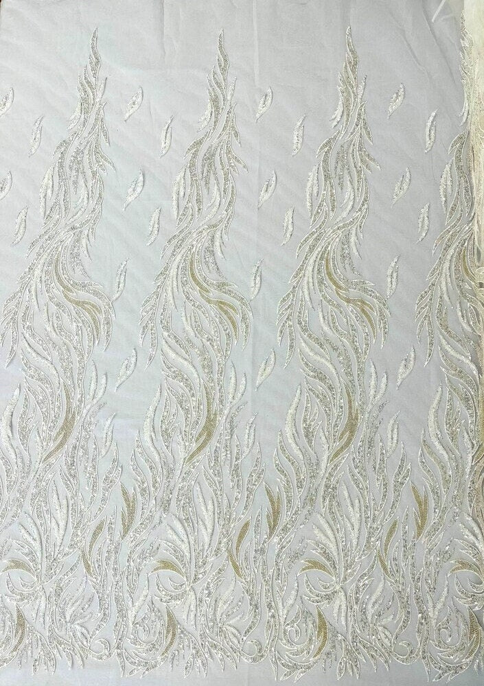 IVORY - Fire Feather Designs Embroider Sequins and Heavy Beaded On a Mesh Lace Fabric-Sold by The Yard-