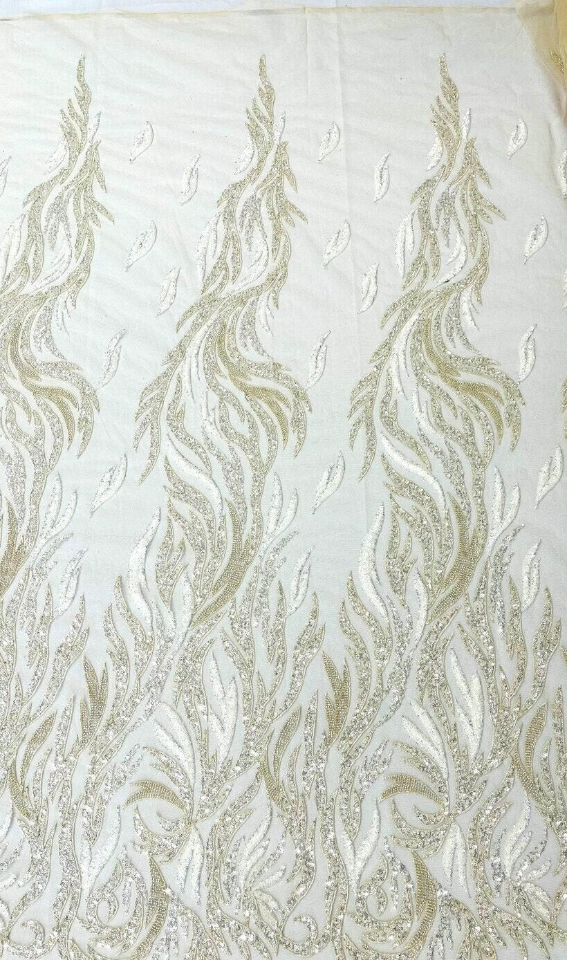 BEIGE - Fire Feather Designs Embroider Sequins and Heavy Beaded On a Mesh Lace Fabric-Sold by The Yard-