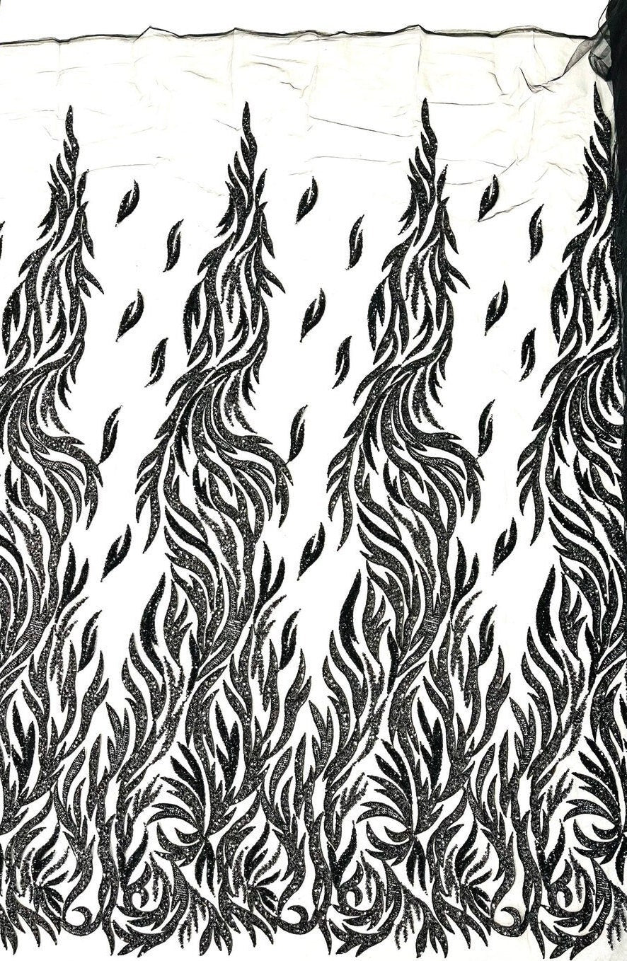 BLACK - Fire Feather Designs Embroider Sequins and Heavy Beaded On a Mesh Lace Fabric-Sold by The Yard-