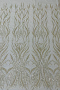 FLAMES FEATHER-  Designs Embroider with Sequins and Heavy Beaded on a Mesh Lace Fabric-Sold By The Yard - BEIGE