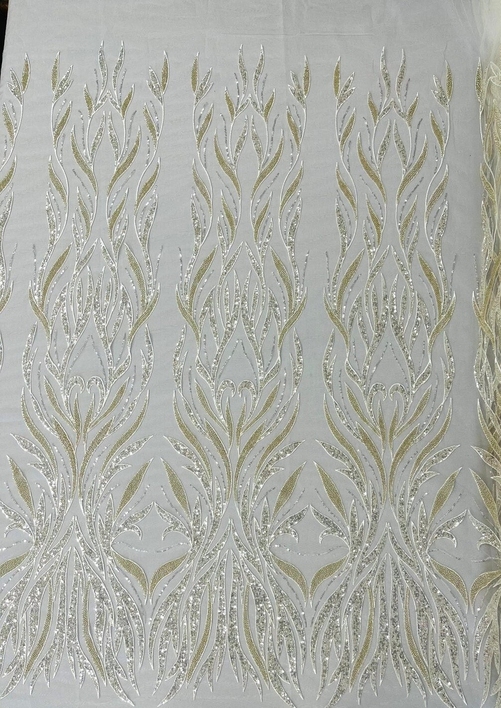 FLAMES FEATHER-  Designs Embroider with Sequins and Heavy Beaded on a Mesh Lace Fabric-Sold By The Yard - IVORY
