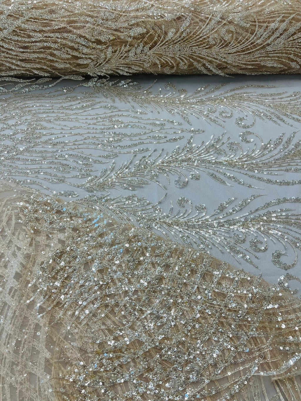 LUXURY FEATHER-  Designs Embroider with Sequins and Heavy Beaded on a Mesh Lace Fabric - Sold By The Yard - BLUSH