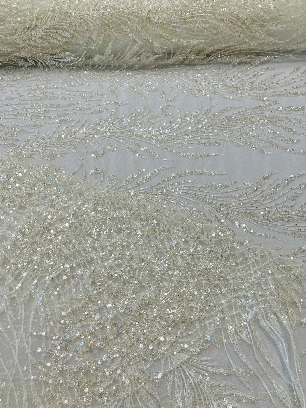 LUXURY FEATHER-  Designs Embroider with Sequins and Heavy Beaded on a Mesh Lace Fabric - Sold By The Yard - OFFWHITE