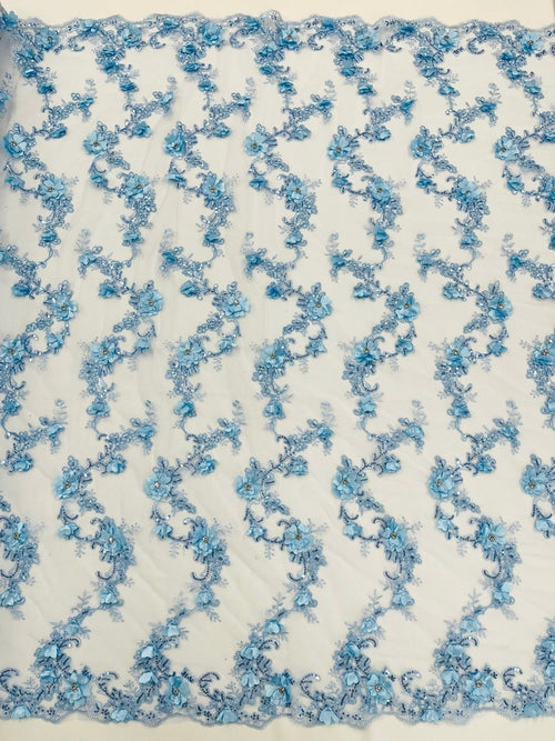 3D Floral Design Embroider and Beaded With Rhinestones On a Mesh Lace. Sold By The Yard. LT BLUE - For Bridal Weddings Prom & Quinceanera