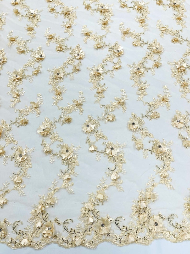 3D Floral Design Embroider and Beaded With Rhinestones On a Mesh Lace. Sold By The Yard. CHAMPAGNE - For Bridal Weddings Prom & Quinceanera