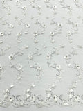 3D Floral Design Embroider and Beaded With Rhinestones On a Mesh Lace. Sold By The Yard. IVORY - For Bridal Weddings Prom & Quinceanera