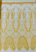 LUXURY FEATHER-  Designs Embroider with Sequins and Heavy Beaded on a Mesh Lace Fabric - Sold By The Yard - DKYELLOW