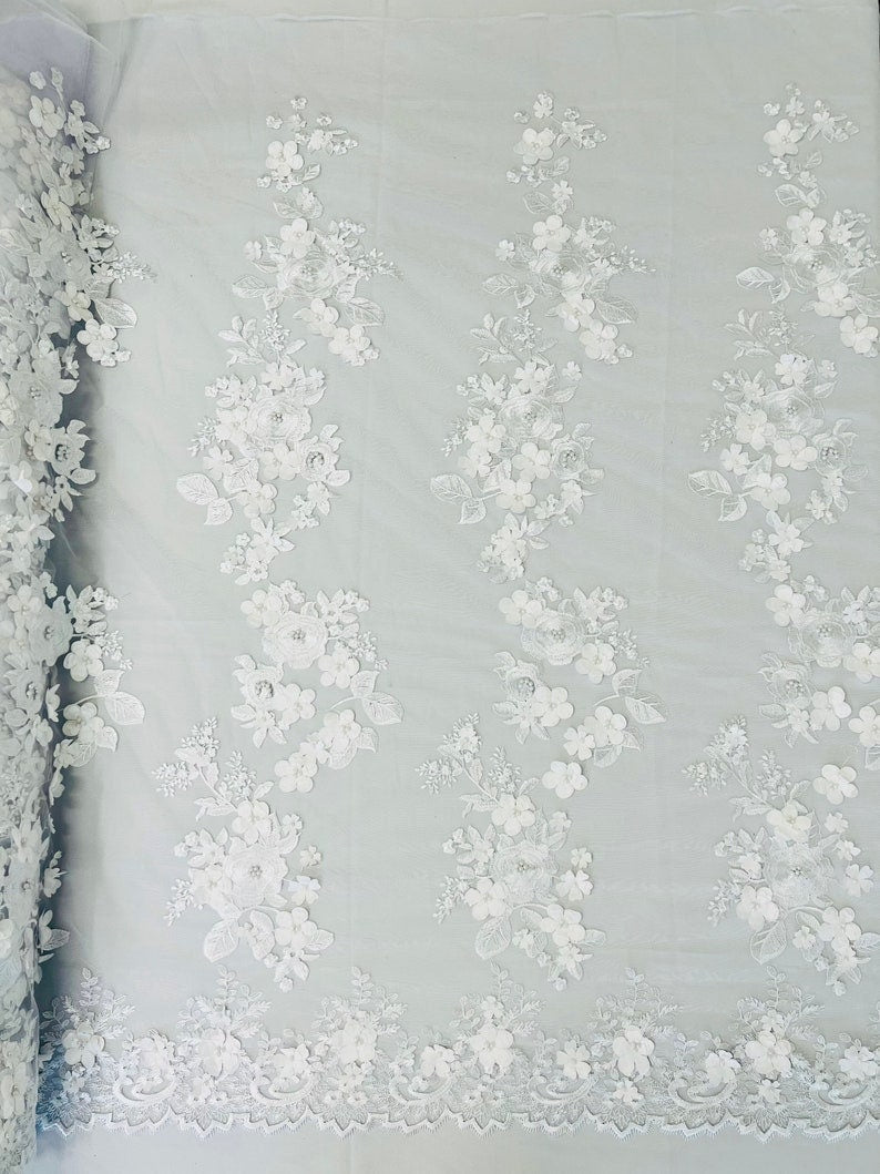 3D Floral Design Embroider and Beaded With Rhinestones On a Mesh Lace. Sold By Yard - WHITE -  For Bridal Weddings Prom & Quinceanera