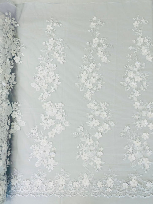 3D Floral Design Embroider and Beaded With Rhinestones On a Mesh Lace. Sold By Yard - WHITE -  For Bridal Weddings Prom & Quinceanera