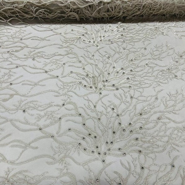 LUXURY ROOTS -  Designs Embroider with Sequins and Heavy Beaded on a Mesh Lace Fabric - Sold By The Yard - WHITE