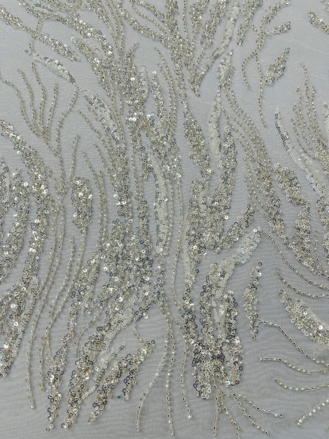 LUXURY BRANCHES  -  Designs Embroider with Sequins and Heavy Beaded on a Mesh Lace Fabric - Sold By The Yard - OFFWHITE