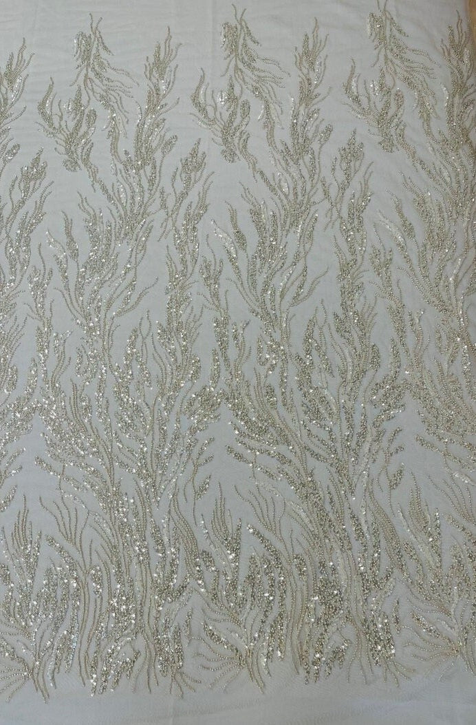 LUXURY BRANCHES  -  Designs Embroider with Sequins and Heavy Beaded on a Mesh Lace Fabric - Sold By The Yard - NUDECLEAR