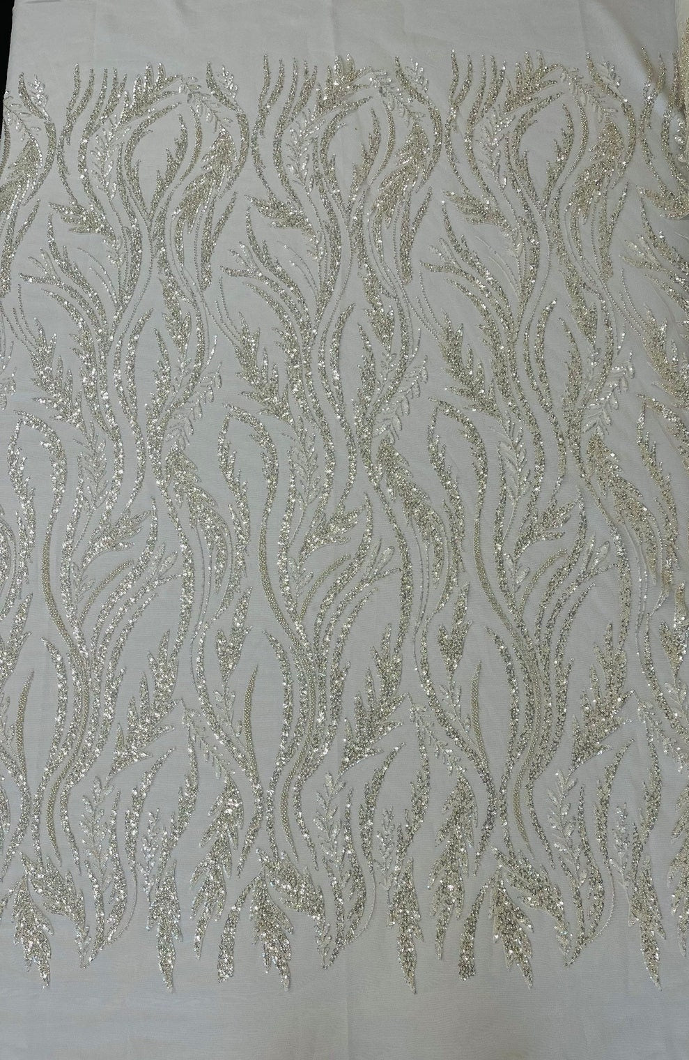 WHEAT BRANCHES  -  Designs Embroider with Sequins and Heavy Beaded on a Mesh Lace Fabric - Sold By The Yard - OFFWHITE