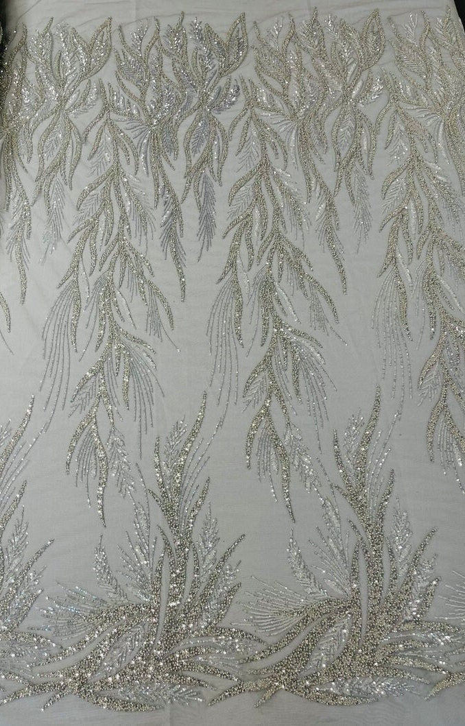DESIGNER'S CHOICE  -  Designs Embroider with Sequins and Heavy Beaded on a Mesh Lace Fabric - Sold By The Yard - SILVER