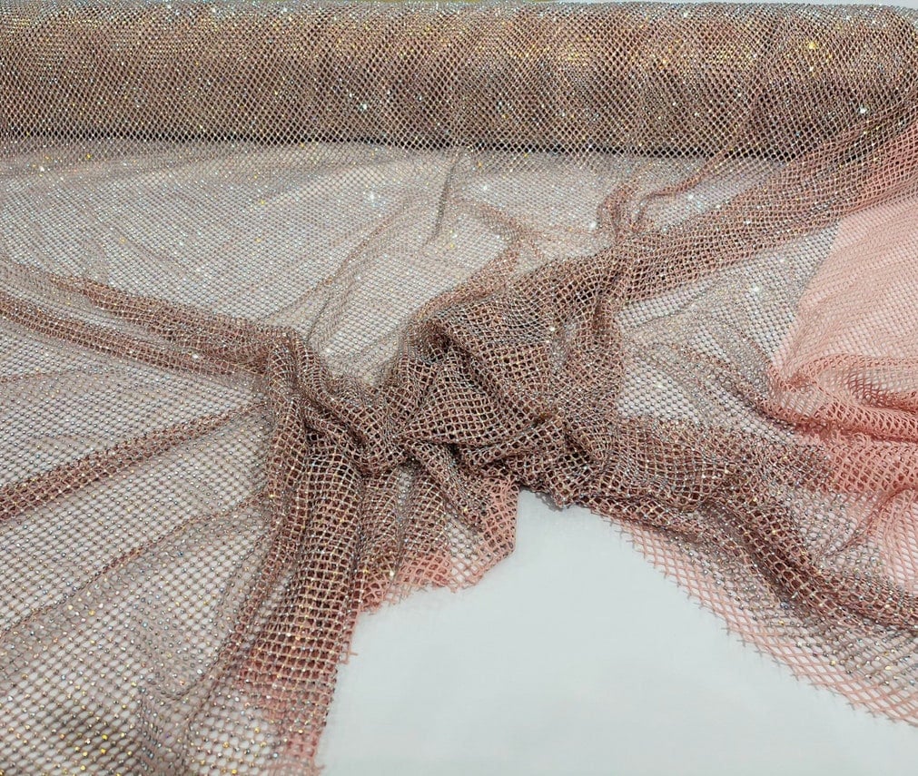 RHINESTONES - High Fashion - Rhinestones On Soft Stretch Fish Net Fabric 45" Wide -Sold by The Yard. Blush Pink