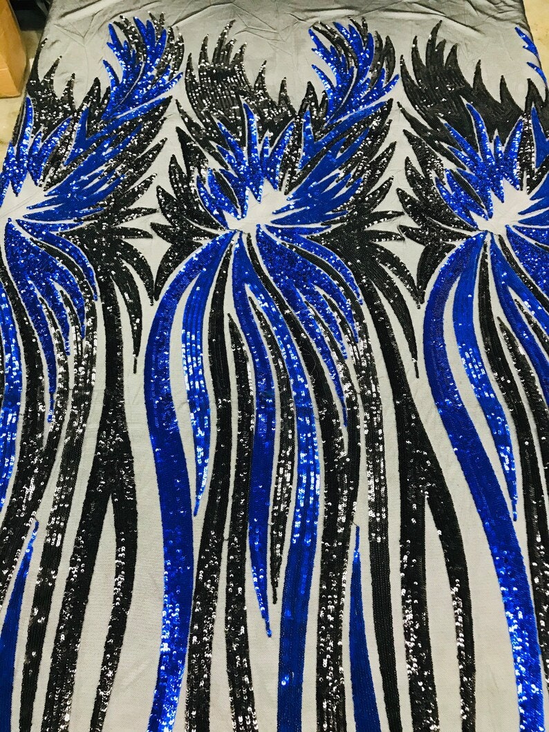 PEACOCK FEATHERS -  Peacock Feathers Fashion Design with Sequins Embroider on a 4 Way Stretch Mesh Fabric-Sold by The Yard. Royal/Black