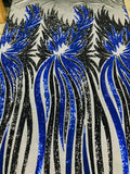 PEACOCK FEATHERS -  Peacock Feathers Fashion Design with Sequins Embroider on a 4 Way Stretch Mesh Fabric-Sold by The Yard. Royal/Black