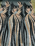 PEACOCK FEATHERS -  Peacock Feathers Fashion Design with Sequins Embroider on a 4 Way Stretch Mesh Fabric-Sold by The Yard. Rose Gold/Black