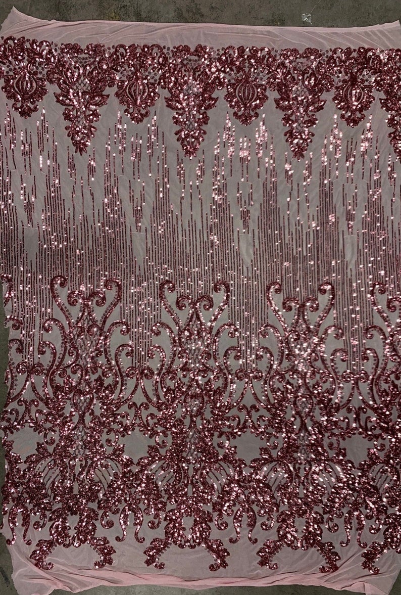 DUSTY ROSE -  Luxury Fashion Design with Sequins Embroider on a 4 Way Stretch Mesh Fabric-Sold by Yard. For Evening Dress Prom Quinceanera