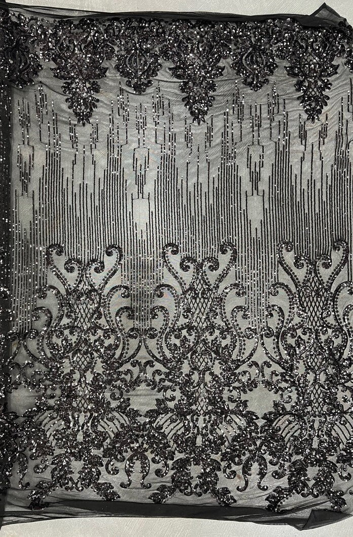 BLACK -  Luxury Fashion Design with Sequins Embroider on a 4 Way Stretch Mesh Fabric-Sold by Yard. For Evening Dress Prom Quinceanera