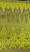 BRIGHT YELLOW-  Luxury Fashion Design with Sequins Embroider on a 4 Way Stretch Mesh Fabric-Sold by Yard. For Evening Dress Prom Quinceanera