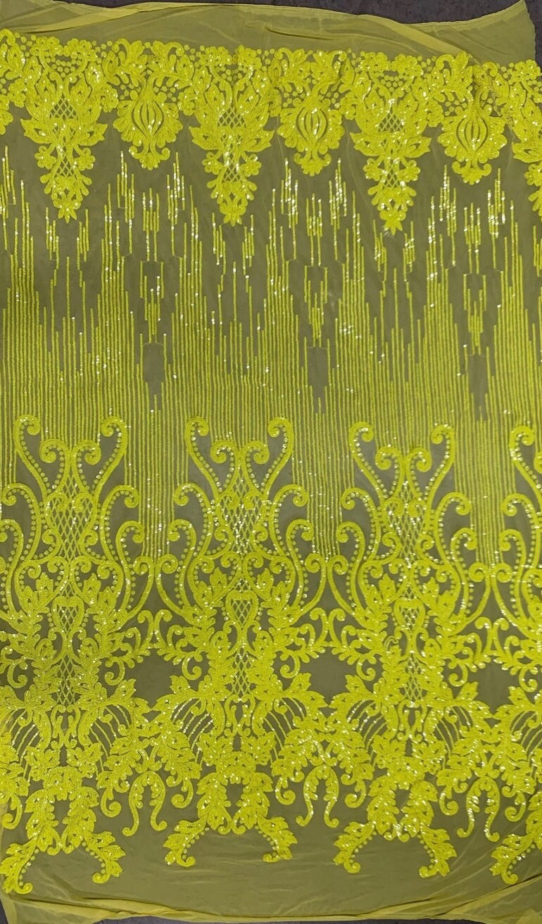 BRIGHT YELLOW-  Luxury Fashion Design with Sequins Embroider on a 4 Way Stretch Mesh Fabric-Sold by Yard. For Evening Dress Prom Quinceanera