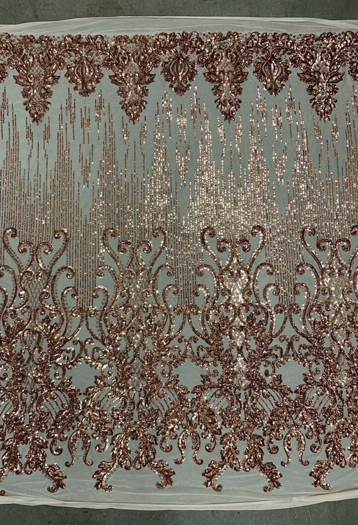 COPPER -  Luxury Fashion Design with Sequins Embroider on a 4 Way Stretch Mesh Fabric-Sold by Yard. For Evening Dress Prom Quinceanera