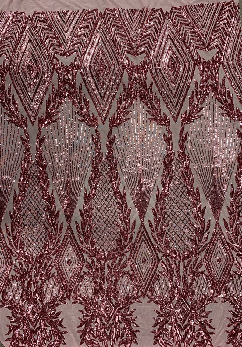 DUSTY  -  DIAMOND -  Fashion Design with Sequins Embroider on a 4 Way Stretch Mesh Fabric-Sold by Yard. For Evening Dress Prom Quinceanera