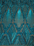 DK TURQUOISE -  DIAMOND - Fashion Design with Sequins Embroider 4 Way Stretch Mesh Fabric-Sold by Yard. For Evening Dress Prom Quinceanera