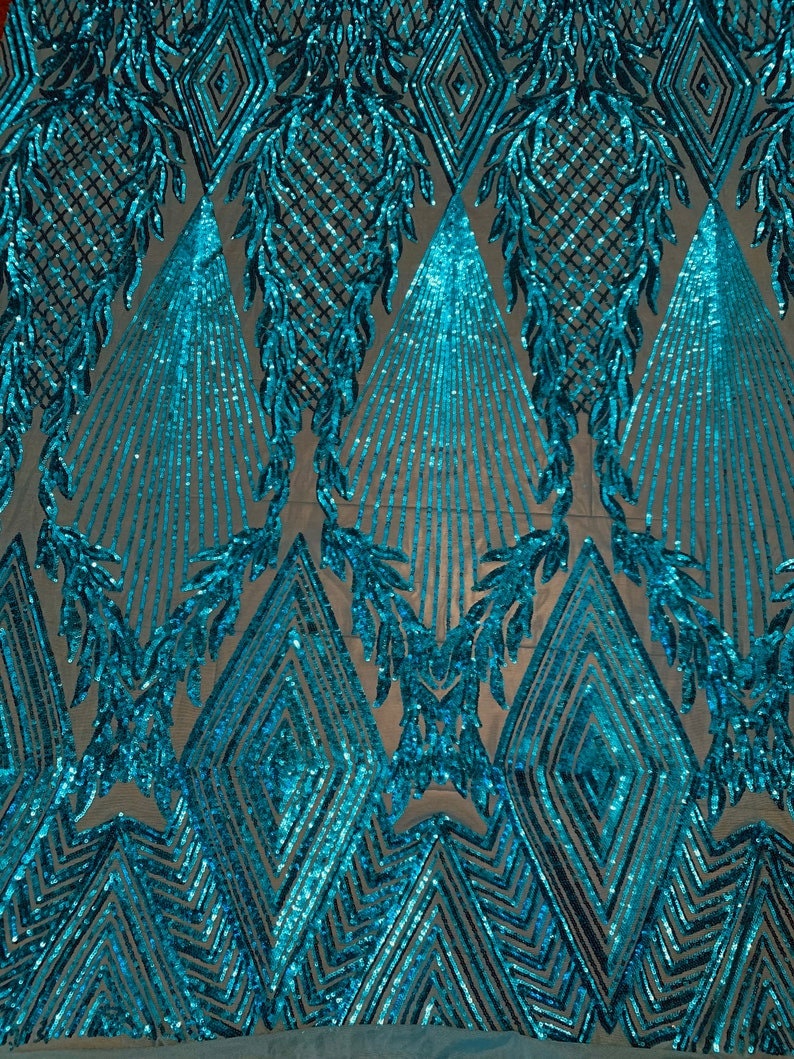 DK TURQUOISE -  DIAMOND - Fashion Design with Sequins Embroider 4 Way Stretch Mesh Fabric-Sold by Yard. For Evening Dress Prom Quinceanera