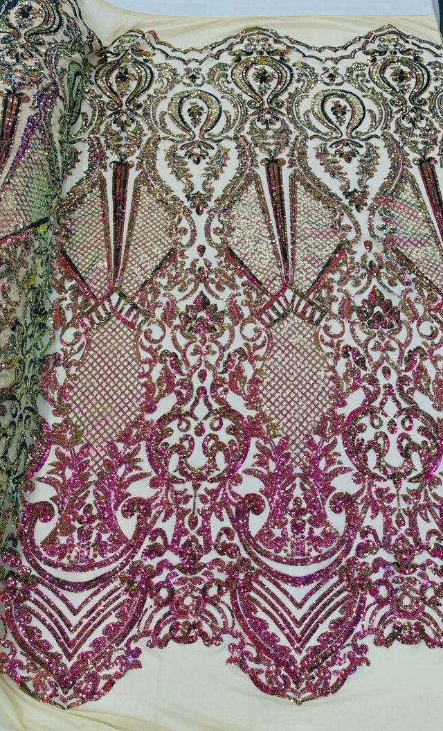 GREEN -  DAGGER - Fashion Design with Sequins Embroider on 4 Way Stretch Mesh Fabric-Sold by Yard. For Evening Dress Prom Quinceanera