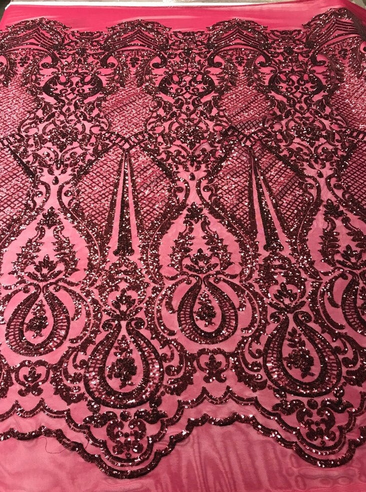 BURGUNDY -  DAGGER - Fashion Design with Sequins Embroider on 4 Way Stretch Mesh Fabric-Sold by Yard. For Evening Dress Prom Quinceanera