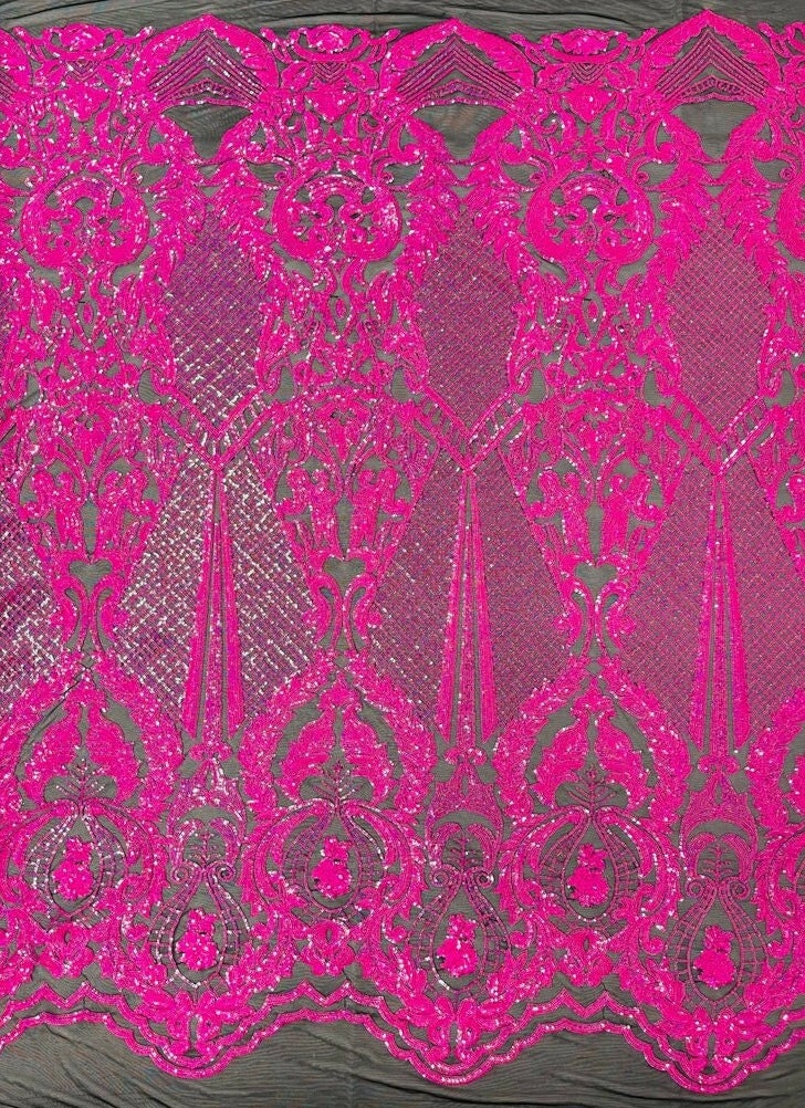HOT PINK -  DAGGER - Fashion Design with Sequins Embroider on 4 Way Stretch Mesh Fabric-Sold by Yard. For Evening Dress Prom Quinceanera