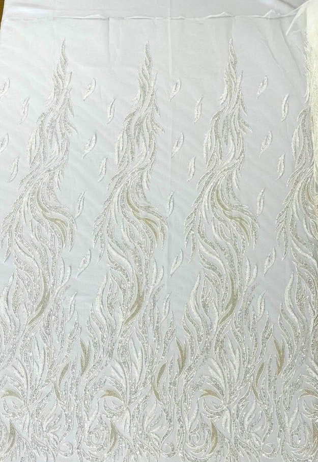 IVORY - Fire Feather Designs Embroider Sequins and Heavy Beaded On a Mesh Lace Fabric-Sold by The Yard-