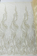 BEIGE - Fire Feather Designs Embroider Sequins and Heavy Beaded On a Mesh Lace Fabric-Sold by The Yard-