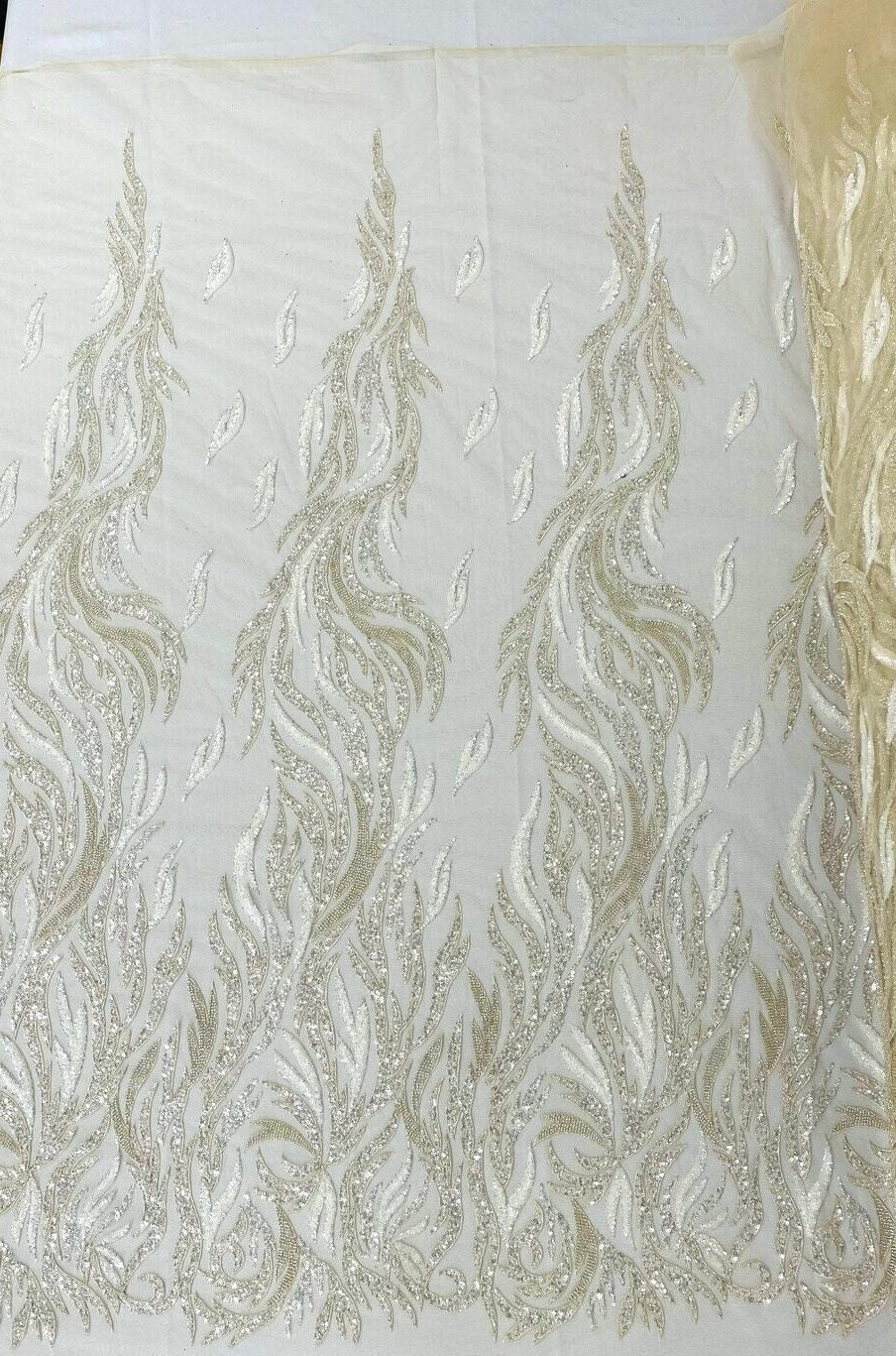 BEIGE - Fire Feather Designs Embroider Sequins and Heavy Beaded On a Mesh Lace Fabric-Sold by The Yard-
