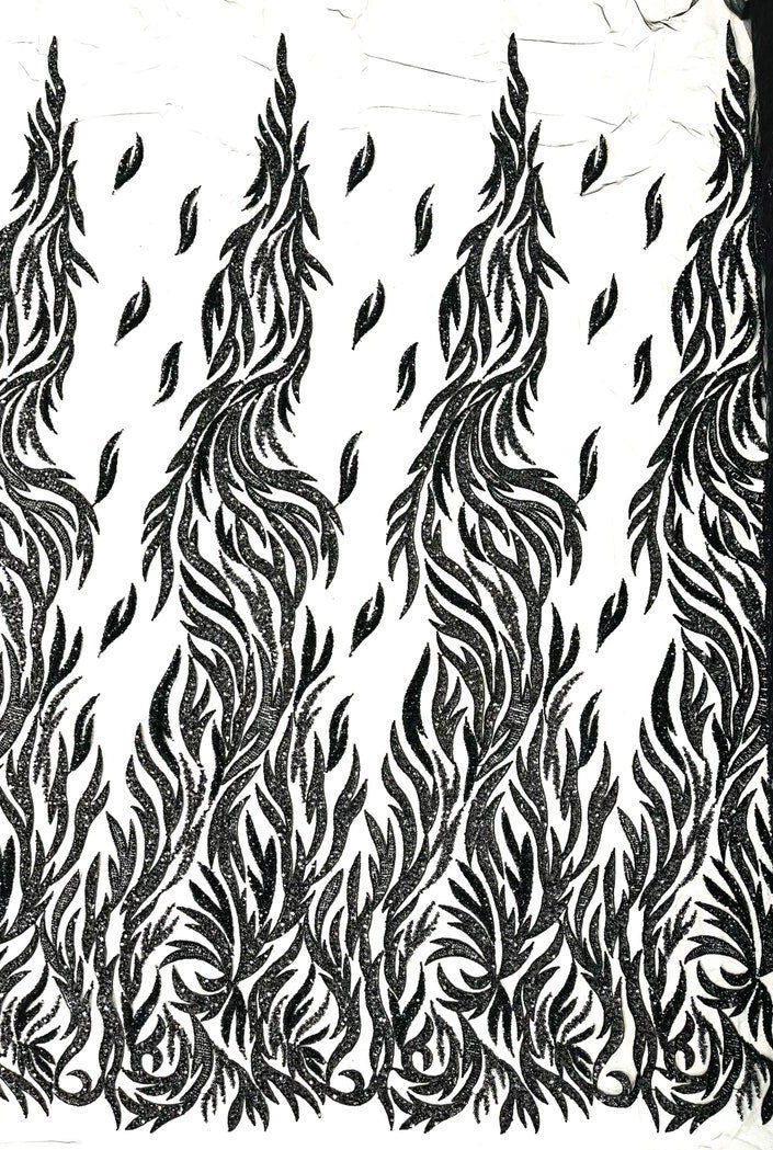 BLACK - Fire Feather Designs Embroider Sequins and Heavy Beaded On a Mesh Lace Fabric-Sold by The Yard-