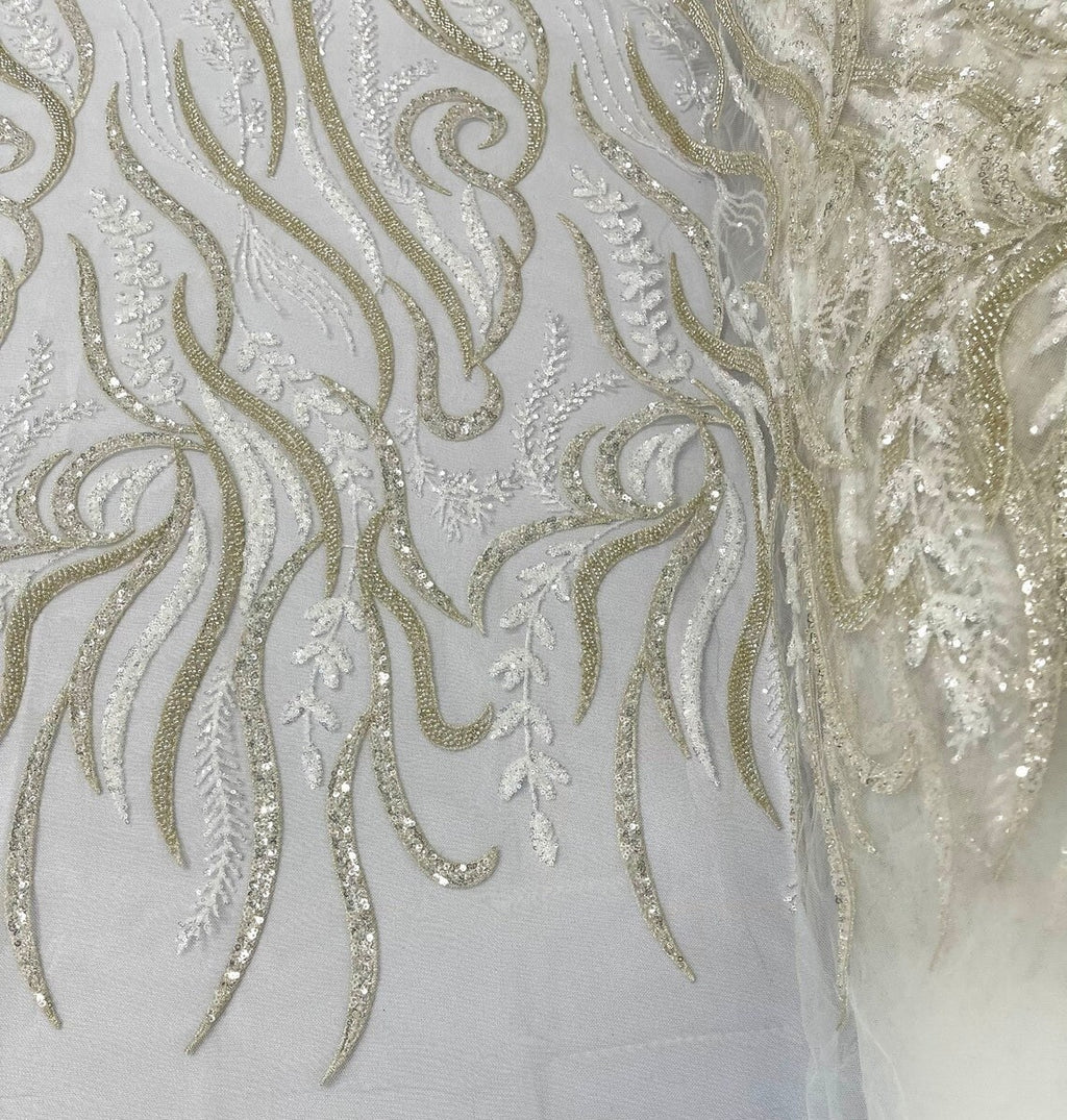 FEATHER-  Designs Embroider with Sequins and Heavy Beaded on a Mesh Lace Fabric - Sold By The Yard - IVORY