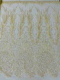 LUXURY FEATHER-  Designs Embroider with Sequins and Heavy Beaded on a Mesh Lace Fabric - Sold By The Yard - YELLOW