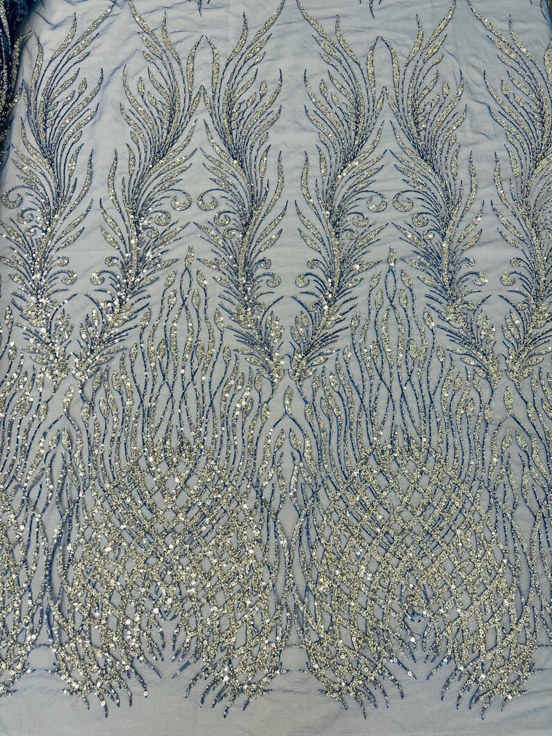LUXURY FEATHER-  Designs Embroider with Sequins and Heavy Beaded on a Mesh Lace Fabric - Sold By The Yard - ROYALBLUE