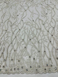 LUXURY ROOTS -  Designs Embroider with Sequins and Heavy Beaded on a Mesh Lace Fabric - Sold By The Yard - WHITE